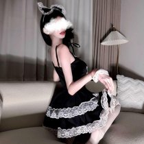 Lolita Maid Costume Set - Sexy Black Lace Babydoll Dress with Detachable Apron & Headband