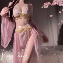Tang Dynasty Silk Lace Lingerie Set - Gold-Thread Embroidered Sheer Sensual Outfit, Poetic Elegance & Pure Desire Style