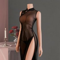 Yefeiyi Sheer Lace Cheongsam Sleepwear - Sexy Slim-Fit Transparent Long-Slit Nightgown for Women