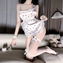 Cherry Maid Lace Sleepwear Set – Sexy Cherry Print Busty Nightgown with Bow-Tie Straps & Sheer Trim