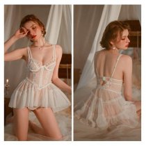 Pure & Alluring Lace Bodysuit for Women - French-Inspired Sheer Satin Cami Dress, Sensual Sleepwear & Lingerie Set