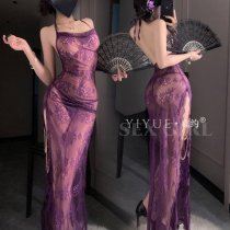 Yiyue Purple Lace Sensual Off-Shoulder Chemise - Sheer Temptation Sleepwear & Roleplay Outfit