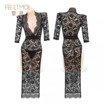 Feimu Deep V-Neck High-Slit Sheer Lace Nightgown - Seductive No-Remove Lingerie Dress