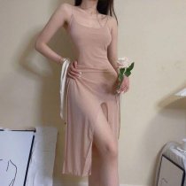 Solid High-Slit Long Dress - Sexy Sheer Mesh Slip Dress for Women, Lingerie-Inspired Sleep Dress & At-Home Loungewear