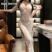 Manyan Sexy Deep V Lace Sleep Dress Set - Vintage Sheer High-Waist Slit Nightgown Ensemble