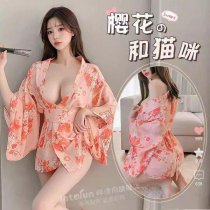 Japanese Cherry Blossom Lace Corset Robe Set - Sexy Sheer Kimono-Inspired Sexy Lingerie Ensemble