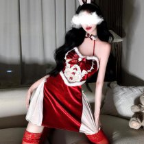 Christmas Velvet Lingerie Set - Elegant Qipao Sleep Dress & Cosplay Outfit for Small Bust