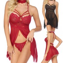 Sexy Lace Sleepwear Set for Women – Halter Neck Seductive 3-Piece Nightgown Set, European Style Lingerie