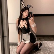 Anime Bunny Girl Costume Set - Sexy Maid Cosplay Outfit with Sheer Lace & Flirty Apron for Women