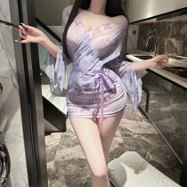 Butterfly Print Kimono-Style Lingerie Robe - Sheer Seductive Open-Front Sleepwear Set, Busty Pure-Temptation Outfit