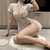 Cherry Blossom Lingerie Set - Sexy Lace Bare-Butt Qipao Sleepwear, Sheer Vintage-Inspired Bedroom Outfit