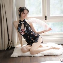 New Chinese Style Qipao Lingerie Set - Floral Halter Bodysuit Sleep Dress, Retro Sexy Modernized Design