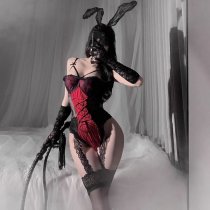 Christmas Bunny Girl Costume - Sexy Sheer Lace Bodysuit with Snap Crotch & Adjustable Straps