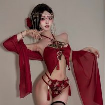 Classical Chinese Doudou Lingerie Set - Embroidered Lace Bodice with Tassels & Sheer Mesh Wrap