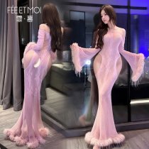 Feimu Night Banquet Sheer Mesh Mermaid Dress - Seductive See-Through Lace Fishnet Gown with Butt Cutout