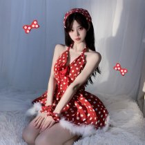 Guiyun Lingerie Sleep Dress - French Chic Polka Dot Babydoll Nightgown with Scallop Trim & Halter Neck