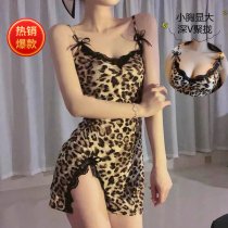 Leopard Print Lace Sleep Set - Sexy Satin Slip Dress & Matching Short Skirt for Bedroom Romance