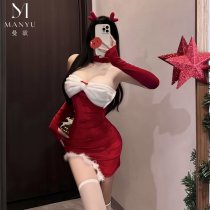 Mandyu Christmas Bunny Girl Outfit - Red Sexy Mesh Bodysuit & Thigh-Highs Holiday Costume for Women