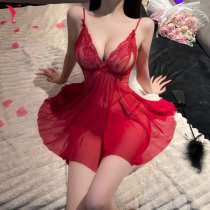 Nightgown Sexy Lace Mesh Sleep Dress - Sheer Provocative Lingerie Nightgown with Strappy Design