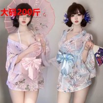 Plus Size Japanese Kimono Lingerie Set with Bow Print – Sexy Sheer Robe Sleepwear Outfit