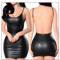 Plus Size Sexy Leather Lingerie Set - Backless Bodycon PVC Mini Dress for Nightclub & Role Play