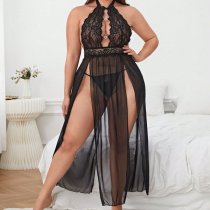 Plus Size Sexy Sheer Lace Sleep Dress Set – Transparent Backless Nightgown for Women,European and American Style