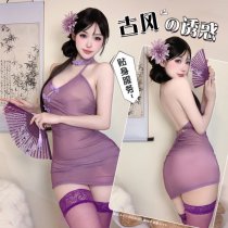 Sensual Lace Backless Sheer Vintage Qipao Sleepwear - Provocative No-Remove Nursing Lingerie Set