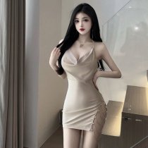 Sexy Hot Girl Fashion Lingerie Slip Dress with Chain Detail & High Slit - Bodycon Mini Dress for Night Out
