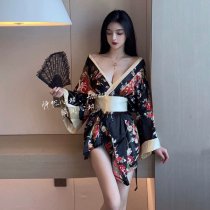 Sexy Kimono-Style Lingerie Robe - Vintage Japanese-Inspired Deep V Sleepwear & Cosplay Robe for Women