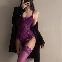 Sexy Lace Sleepwear for Women - Busty-Looking Mesh Chemise with Sheer Bodice & Seductive Thigh-High Socks