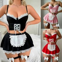 Sexy Maid Costume for Women - Sheer Mesh Lingerie Sleep Dress with Lace Trim & Thong, Role Play Outfit