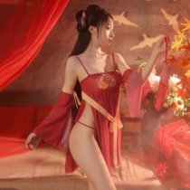 Tang Dynasty Style Sexy Sleepwear Set – Sheer Hanfu-Inspired Silk Nightgown with Traditional DUDOU Top