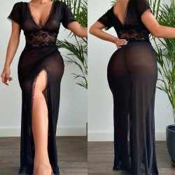 Sexy Lace Mesh Slit Long Dress for Women –Europe and America-Style Sheer Nightclub & Lingerie Dress