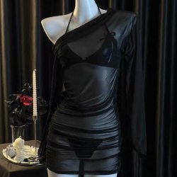 Sexy Off-Shoulder Long Sleeve Sheer Bodycon Dress – Provocative Lingerie-Inspired Outfit for Women