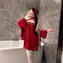 Feiniao Moon-Gazing Hanfu Lingerie Set - Red Silk Doudou, Sheer Sensual Sleepwear with Oriental Elegance
