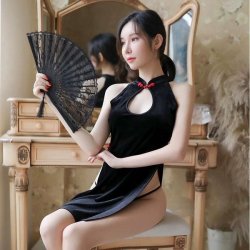 Retro Chinese-Style Lingerie Set - Back-Tie Cheongsam Costume with Sheer Cutouts for Nightclub & Performance
