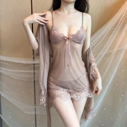 Qingran European and American Style Lace Lingerie Set - Sexy Sheer Babydoll Dress & Thong 3-Piece Plus Size Outfit