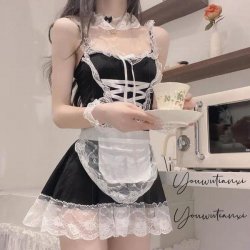 Maid Costume for Women - Sexy Lace Role Play Outfit with Ruffled Hem & Sheer Details