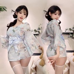 Japanese-Style Sexy Lace Kimono Robe Set with Embroidery & Bow Detail - Seductive Sleepwear Outfit