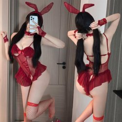 Sexy Cat Bunny Girl Costume - Flirty Ruffle Bodysuit with Sheer Lace, Cute & Alluring Lingerie Set