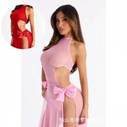 European & American Sheer Lace Sleepwear with Bow Detail – Sexy Transparent Nightgown for Women