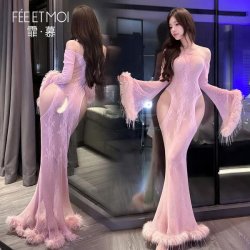 Feimu Night Banquet Sheer Mesh Mermaid Dress - Seductive See-Through Lace Fishnet Gown with Butt Cutout