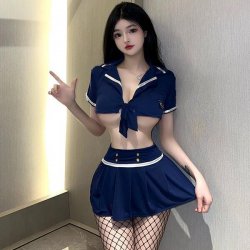 Blue Sailor Uniform Lingerie Set with Bow - Seductive JK Schoolgirl Costume for Nightclub & Roleplay