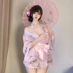 Sweet & Seductive Yukata Robe - Floral Print Satin-Trimmed Cosplay Bathrobe with Bow Detail & Embroidery