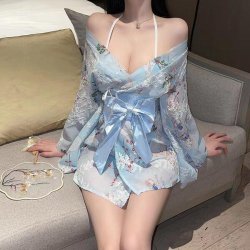 Japanese-Style Sexy Lace Kimono Robe Set - Sheer Chiffon 3-Piece Outfit with Floral Embroidery for Women