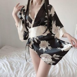 Japanese Kimono Lingerie Set for Women - Sexy Playful Fox-Themed Costume with Floral Print