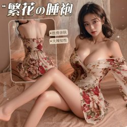 Mannyan Sexy Floral Deep V-Neck Silk Robe & Sheer Kimono Sleep Set - Elegant Lingerie Nightwear