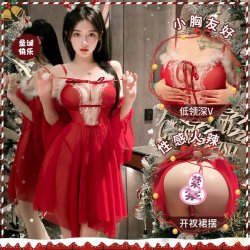 Mannyan Christmas New Year Lingerie Set - Sexy Sheer Mesh Deep V-Neck Lace Bodysuit with Velvet Trim & Adjustable Straps