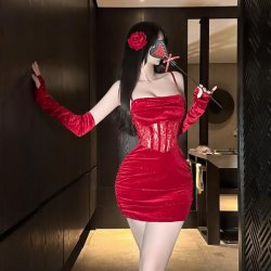 Red Velvet Lace Bodycon Mini Dress - Sheer Sexy Holiday Party Dress with Thin Straps & Sparkle Detail