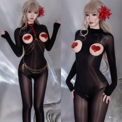 Guiyun Sexy Sheer Shiny Bodysuit - Ultra-Thin Oil-Shine Black Fishnet Tights with Open-Crotch & Seamless Chest Cutout